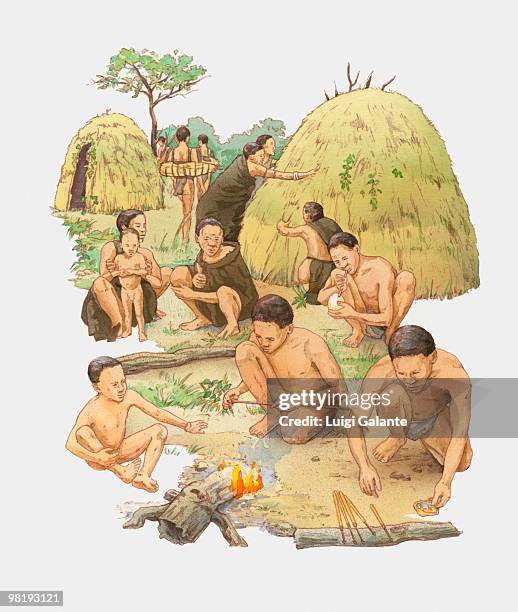 illustration of khoisan family in village - khoisan woman stock-grafiken, -clipart, -cartoons und -symbole