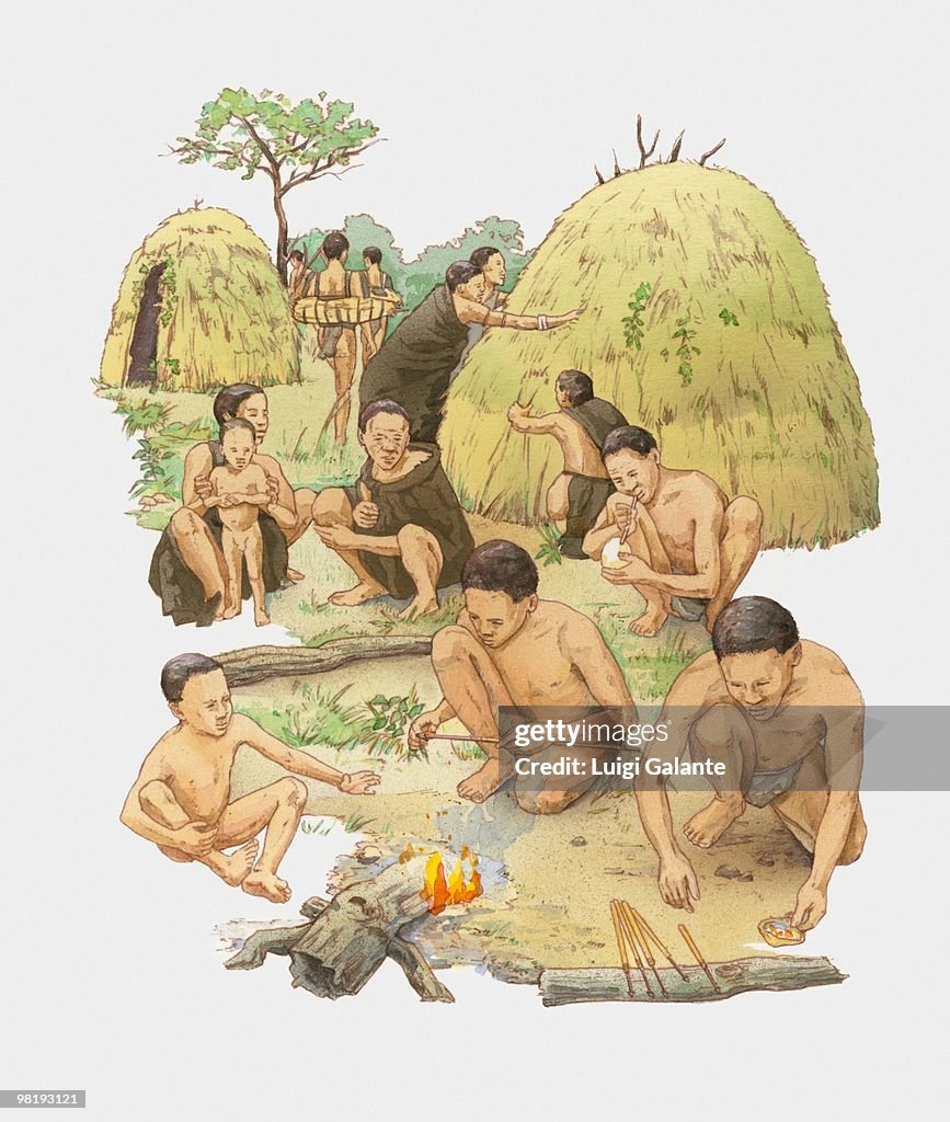 Illustration of Khoisan family in village