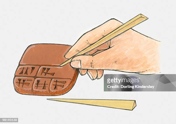 illustrations, cliparts, dessins animés et icônes de illustration of using reed pen to write sumerian cuneiform script on clay tablet - langues étrangères