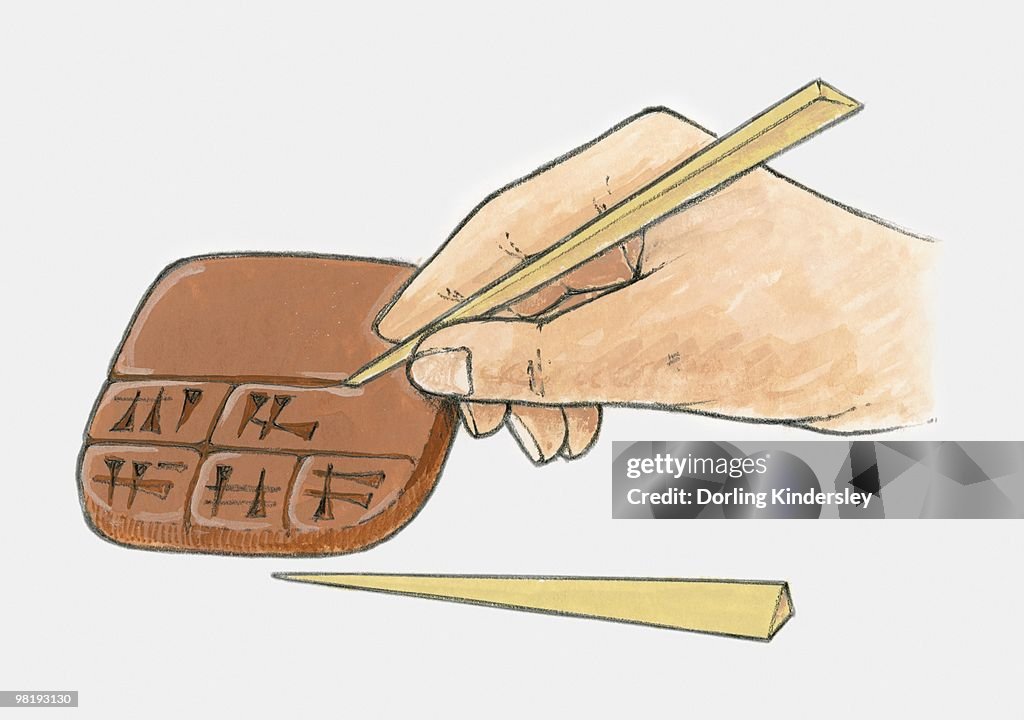 Illustration of using reed pen to write Sumerian cuneiform script on clay tablet