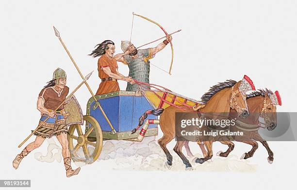 illustration of hittite warriors charging into battle - chariot stock illustrations