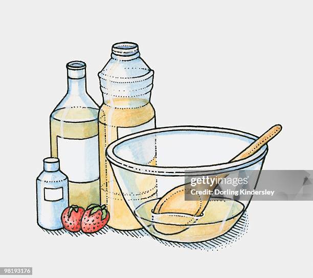 bottles of olive oil, vegetable oil and coconut oil and two strawberries by a mixing bowl (making moisturiser) - coconut oil cream stock illustrations