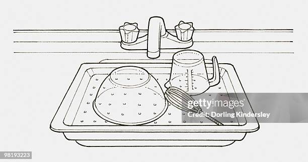 black and white illustration of a tray with holes in it, placed over sink and used as a drainer - washing dishes stock illustrations