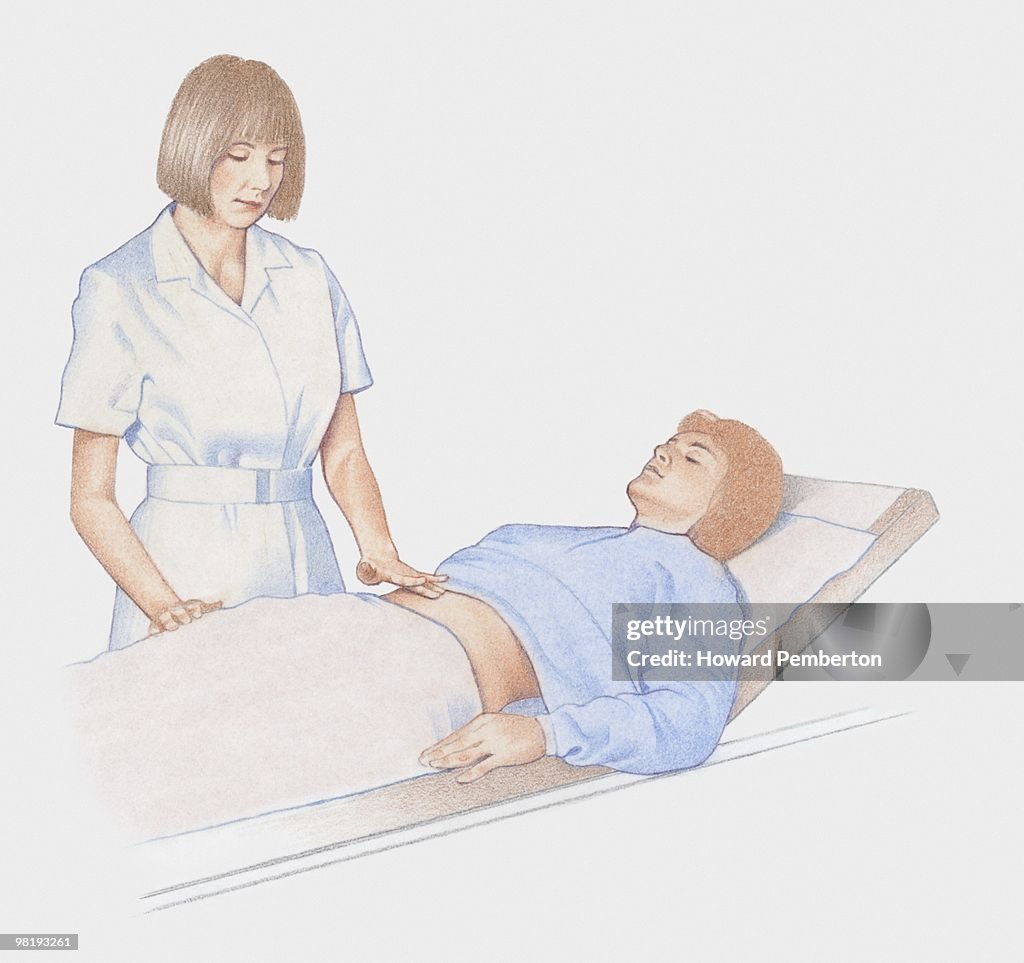 Nurse lightly feeling the stomach of a pregnant woman