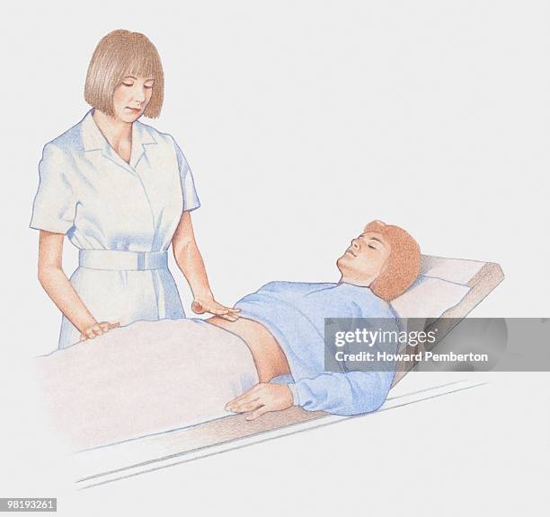 nurse lightly feeling the stomach of a pregnant woman - patient lying on back stock illustrations