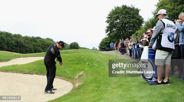 Sergio Garcia of Spain plays his second shot on the 3rd hole during day three of the BMW International Open at Golf Club Gut Larchenhof on June 23,...