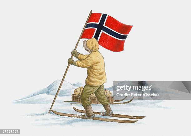 norwegian explorer roald amundsen reaching the south pole, 1911 - 1911 stock illustrations