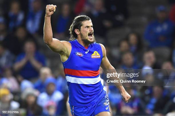 Tom Boyd of the Bulldogs celebrates kicking a goal during the round 14 AFL match between the Western Bulldogs and the North Melbourne Kangaroos at...