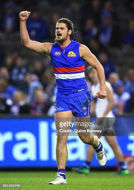 Tom Boyd of the Bulldogs celebrates kicking a goal during the round 14 AFL match between the Western Bulldogs and the North Melbourne Kangaroos at...