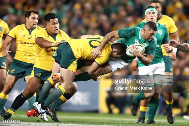 Bernard Foley of the Wallabies tackles Rob Kearney of Ireland during the Third International Test match between the Australian Wallabies and Ireland...