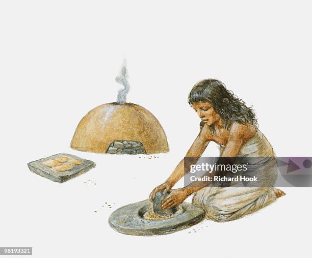 woman grinding corn to make unleavened bread - grind stock illustrations