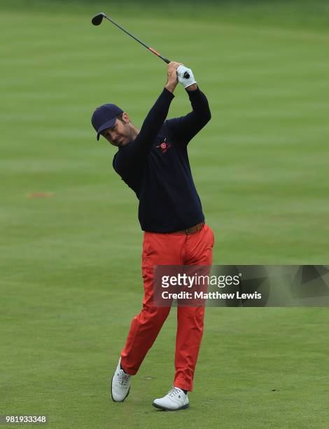 Jorge Campillo of Spain plays his second shot on the 3rd hole during day three of the BMW International Open at Golf Club Gut Larchenhof on June 23,...