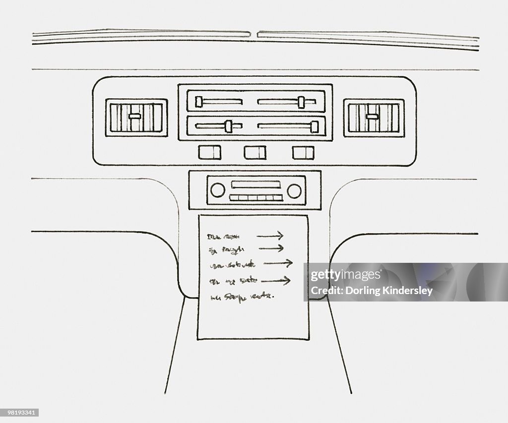Black and white illustration of a list of instructions below a car radio