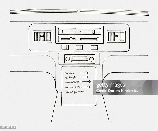 black and white illustration of a list of instructions below a car radio - car radio stock illustrations
