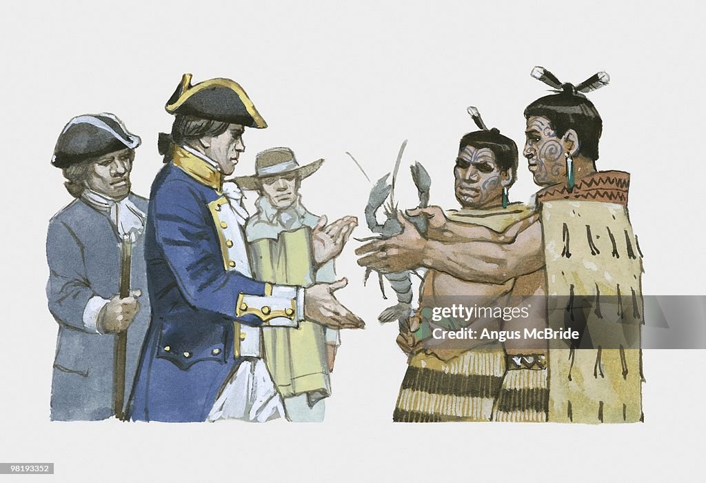 Illustration of pacific islanders exchanging lobster with Captain Cook