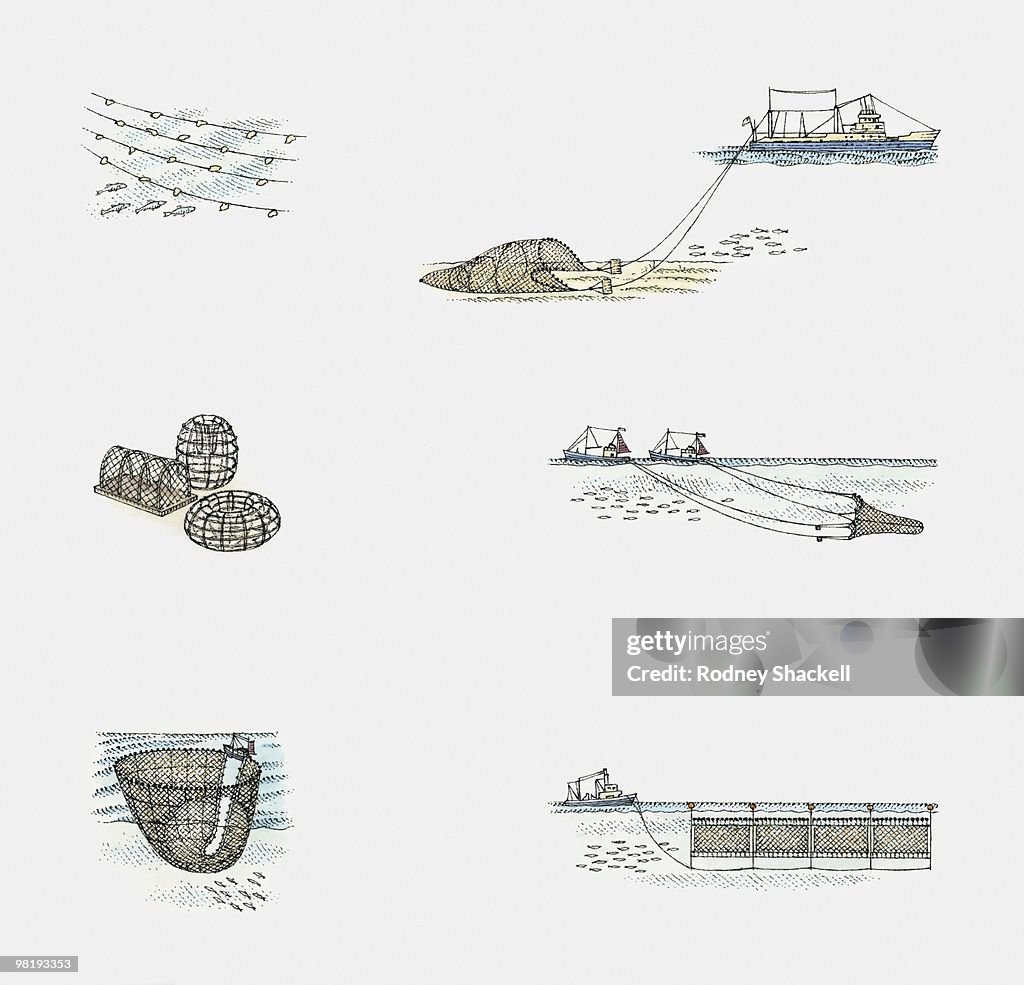 Various methods of catching fish, using nets and lobster pots