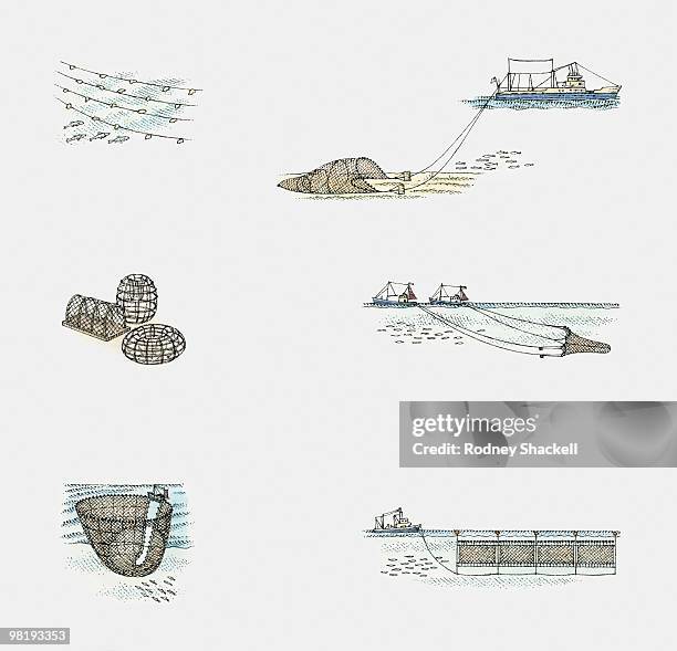 various methods of catching fish, using nets and lobster pots - hummerkorb stock-grafiken, -clipart, -cartoons und -symbole