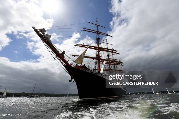 Russian four-master "Sedov" and other sailing ships take part in the traditional Windjammer Parade of the Kieler Woche sailing festival on June 23,...