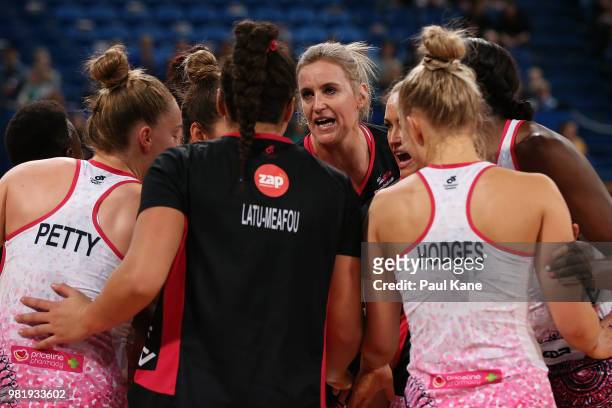 Leana De Bruin of the Thunderbirds addresses her team during the round eight Super Netball match between the Fever and the Thunderbirds at Perth...
