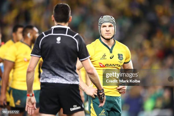 Referee Pascal Gauzere speaks to David Pocock of the Wallabies during the Third International Test match between the Australian Wallabies and Ireland...