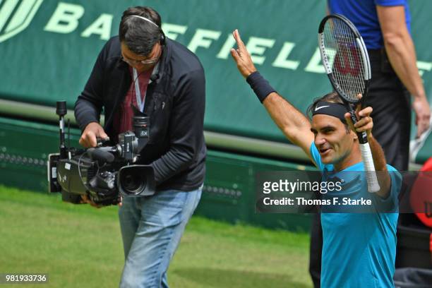 Roger Federer of Switzerland celebrates after his half final match against Denis Kudla of the United States during day six of the Gerry Weber Open at...