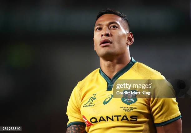 Israel Folau of the Wallabies looks on during the Third International Test match between the Australian Wallabies and Ireland at Allianz Stadium on...