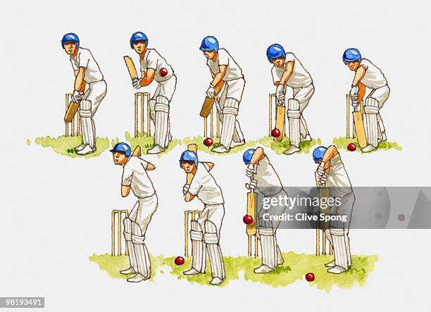 cricket batting technique, multiple image - cricket player white background stock-grafiken, -clipart, -cartoons und -symbole