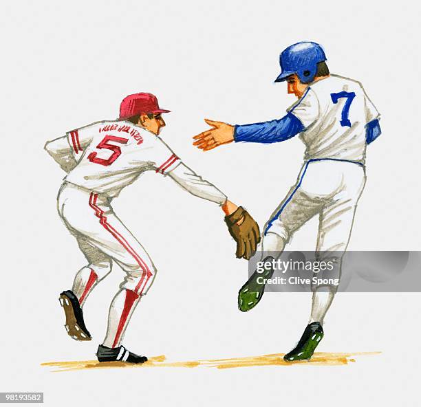 Baseball Runner And Fielder At A Base High-Res Vector Graphic