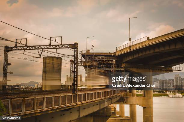 chungdam bridge in seoul, south korea. - elevated railway track fotografías e imágenes de stock