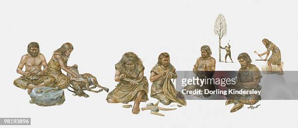 group of prehistoric people shown making and using primitive tools, including handaxes, burins, flints - flint tool stock-grafiken, -clipart, -cartoons und -symbole