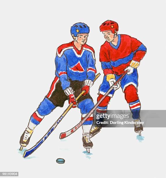 ice-hockey players with sticks and puck - ice hockey stick 幅插畫檔、美工圖案、卡通及圖標