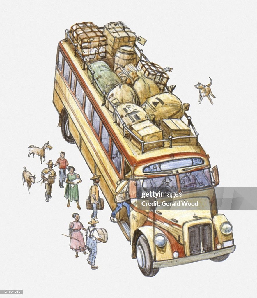 Illustration of passengers boarding bus to take livestock and produce to market