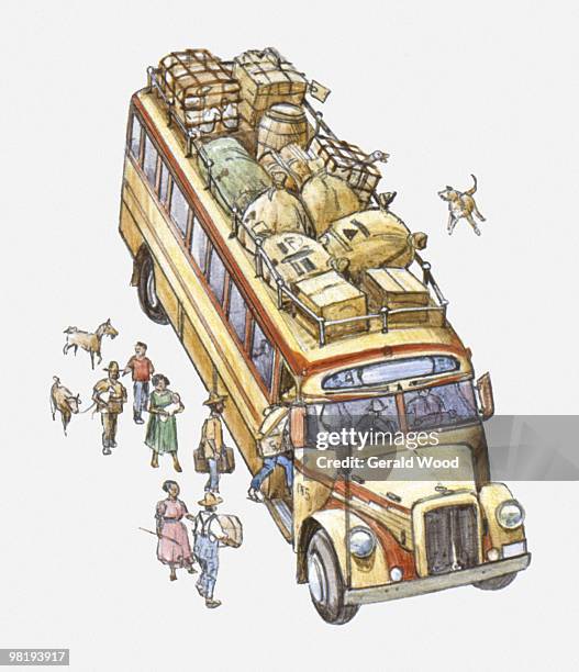 ilustrações, clipart, desenhos animados e ícones de illustration of passengers boarding bus to take livestock and produce to market - países em desenvolvimento