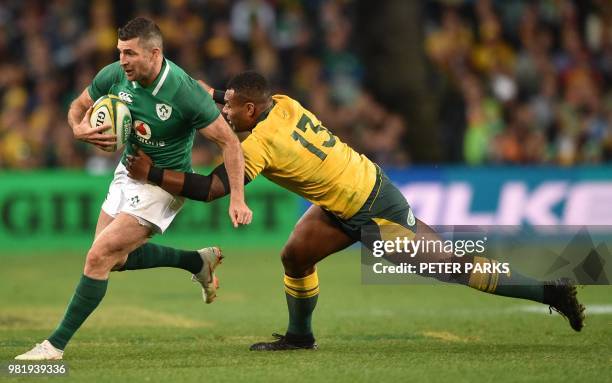 Ireland's Rob Kearney is tackled by Australian Wallabies Samu Kerevi during the third and final rugby union Test match between Ireland and Australia...