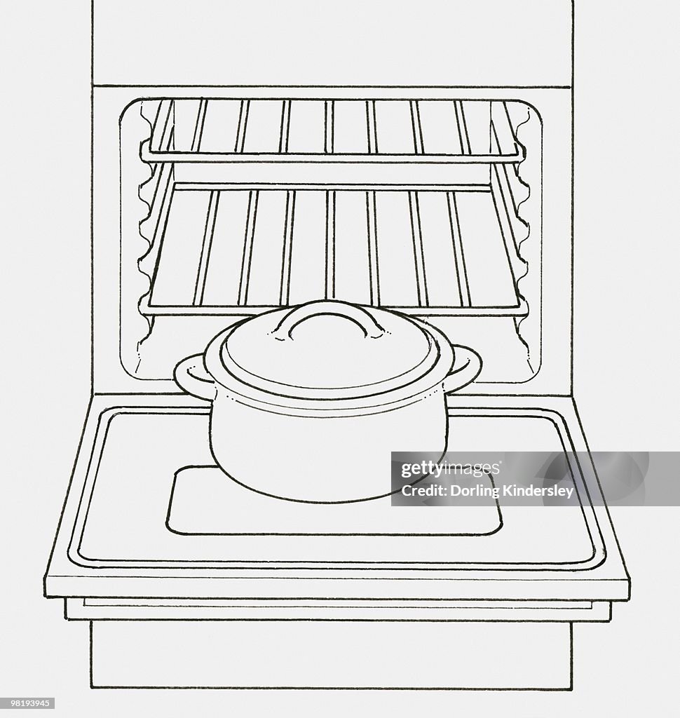 Black and white illustration of casserole dish in front of open oven