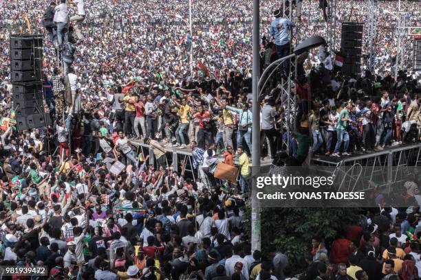 Supporters of Ethiopia Prime Minister attend a rally on Meskel Square in Addis Ababa on June 23, 2018. - A blast at a rally in Ethiopia's capital...