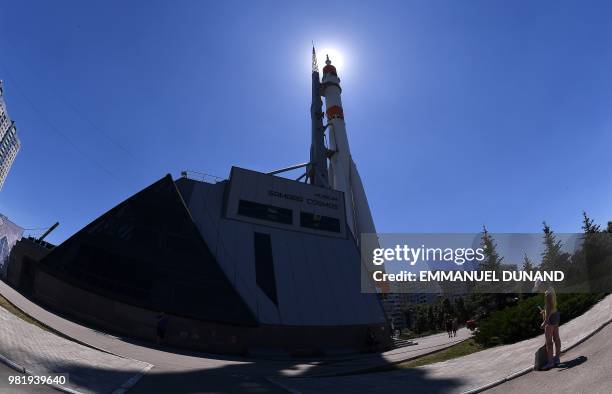 Russian Soyuz booster rocket is displayed at the entrance of the Samara Space Museum in Samara, one of the host cities of the Russia 2018 World Cup...