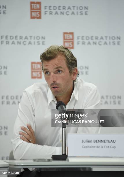 Julien Benneteau, who retires after the US Open in September, speaks during a press conference after being appointed France's Fed Cup team captain by...
