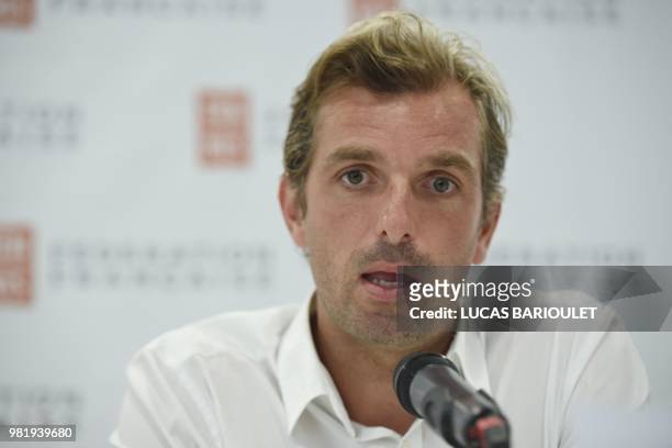 Julien Benneteau, who retires after the US Open in September, speaks during a press conference after being appointed France's Fed Cup team captain by...