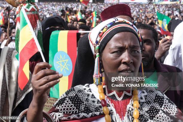Supporters of Ethiopia Prime Minister attend a rally on Meskel Square in Addis Ababa on June 23, 2018. - A blast at a rally in Ethiopia's capital...