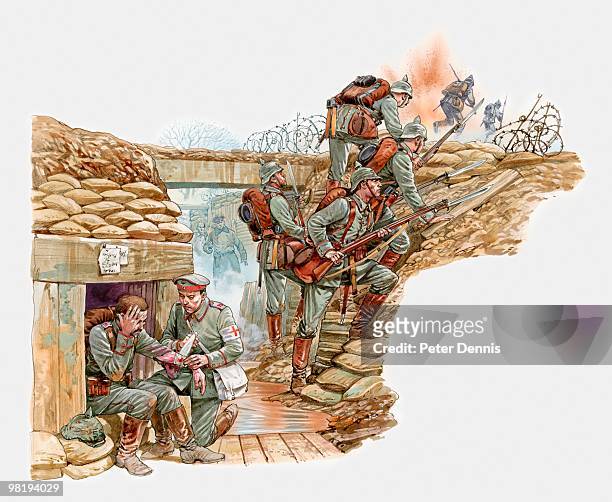 ilustrações, clipart, desenhos animados e ícones de illustration of german world war one soldiers in trench - guerra