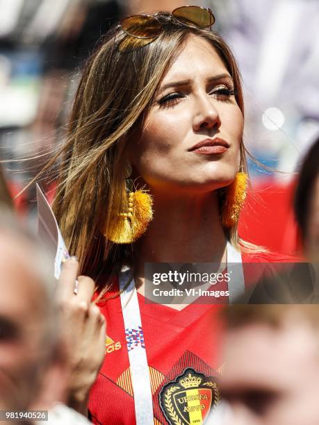 Female fan of Belgium during the 2018 FIFA World Cup Russia group G match between Belgium and Tunisia at the Otkrytiye Arena on June 23, 2018 in...