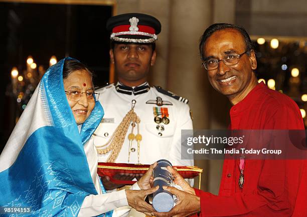 President Pratibha Patil presents the Padma Vibhushan to Chemistry Nobel winner Dr. Venkataraman Ramakrishnan at Rashtrapati Bhavan in New Delhi on...