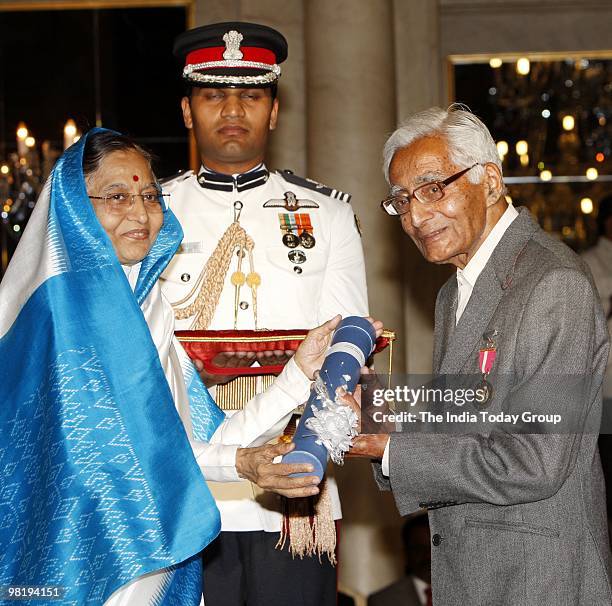 President Pratibha Patil presents the Padma Bhushan to Dr. Pandit Puttaraj Kavi Gavaigalavaru at the Rashtrapati Bhavan in New Delhi on Wednesday,...