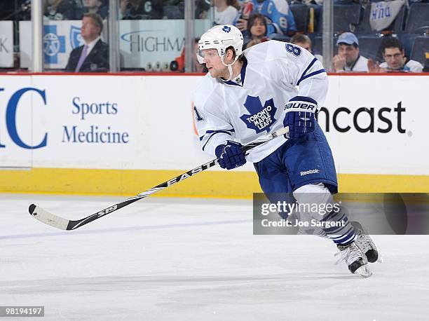 Phil Kessel of the Toronto Maple Leafs stretches against the Pittsburgh Penguins on March 28, 2010 at Mellon Arena in Pittsburgh, Pennsylvania.