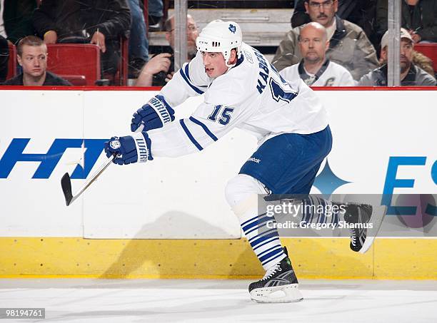 Tomas Kaberle of the Toronto Maple Leafs makes a pass against the Pittsburgh Penguins on March 28, 2010 at Mellon Arena in Pittsburgh, Pennsylvania.