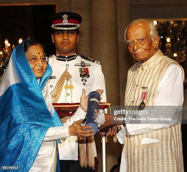 President Pratibha Patil presents the Padma Bhushan to Jagdish Chandra Kapur at the Rashtrapati Bhavan in New Delhi on Wednesday, March 31, 2010.