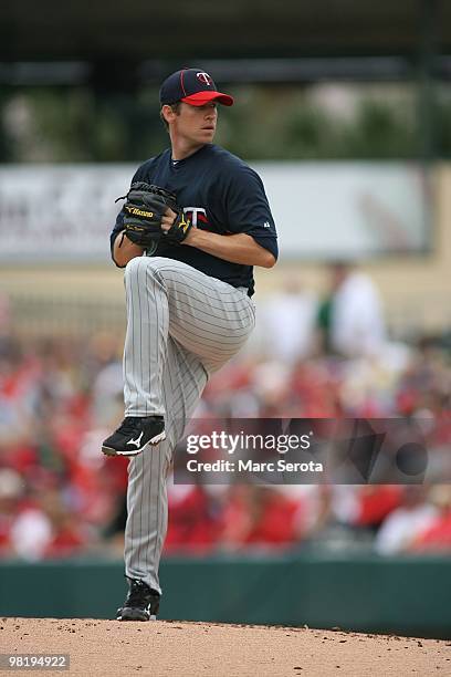 Pitcher Kevin Slowey of the Minnesota Twins throws against the St. Louis Cardinals at Roger Dean Stadium on March 29, 2010 in Jupiter, Florida.