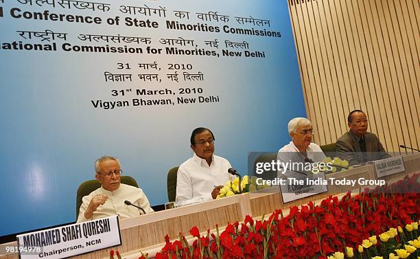 Chairperson Mohamed Shafi Qureshi, Union Home Minister P Chidambaram, Union Minister for Minority Affairs Salman Khurshid and Vice-Chairman of the...