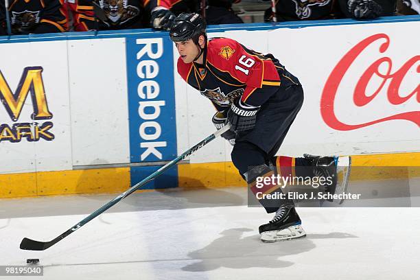 Nathan Horton of the Florida Panthers skates with the puck against the Nashville Predators at the BankAtlantic Center on March 29, 2010 in Sunrise,...